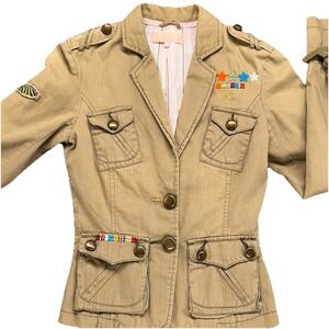 Pepe Jeans Jacket Women XS Khaki Military Y2K Fitted Embroidered Patches Stars